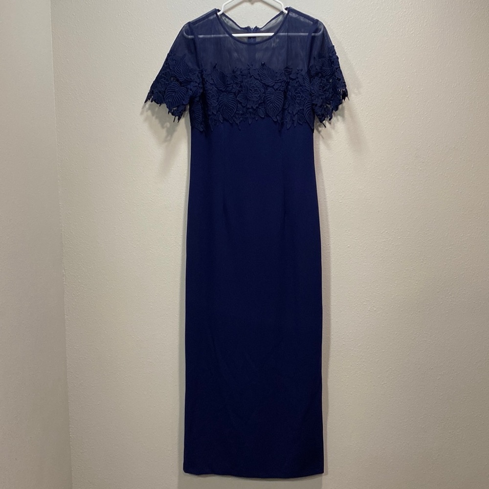 JS Collections ILLUSION GOWN WITH TRIM navy‎ blue
